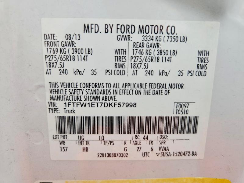 2013 Ford F150 მანქანა იყიდება აუქციონზე, vin: 1FTFW1ET7DKF57998, აუქციონის ნომერი: 64138606