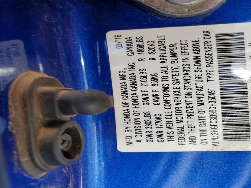 66762076 :رقم المزاد ، 2HGFC3B99GH350491 vin ، 2016 Honda Civic مزاد بيع