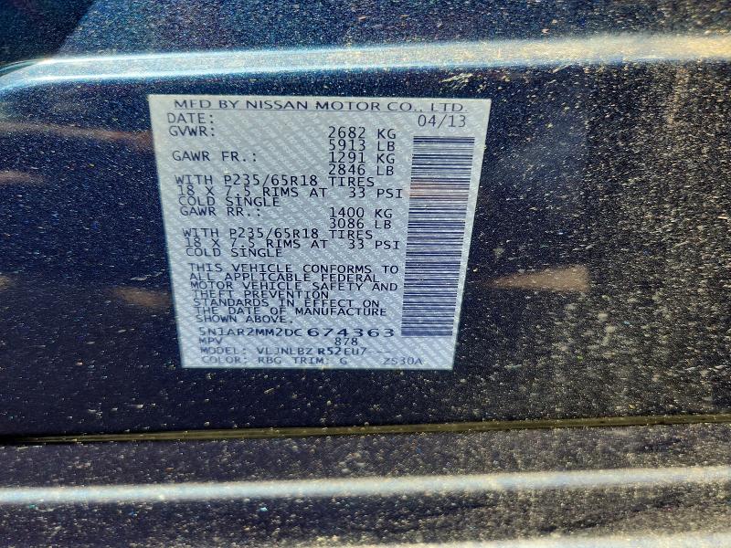 63516756 :رقم المزاد ، 5N1AR2MM2DC674363 vin ، 2013 Nissan Pathfinder مزاد بيع
