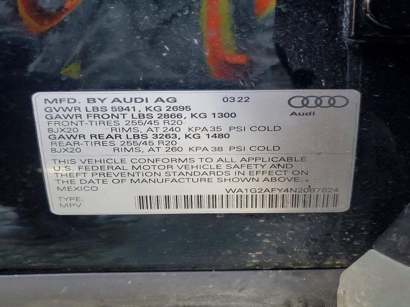 2022 Audi Q5 E მანქანა იყიდება აუქციონზე, vin: WA1G2AFY4N2087824, აუქციონის ნომერი: 63777636