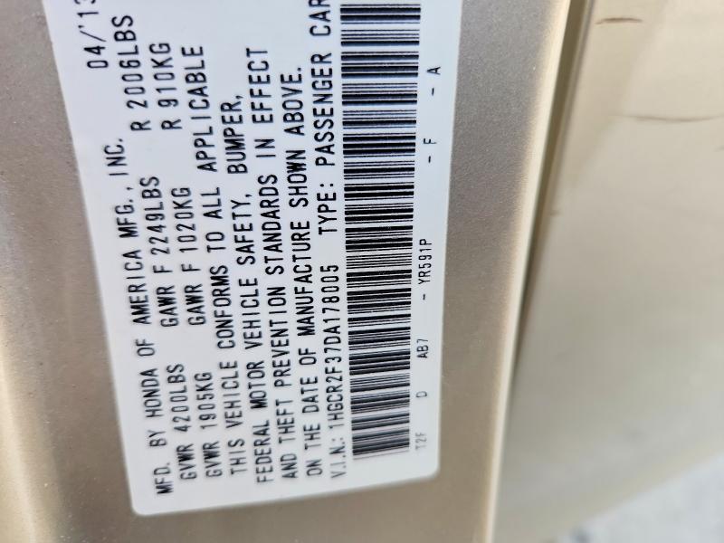 Auction sale of the 2013 Honda Accord, vin: 1HGCR2F37DA178005, lot number: 66464436