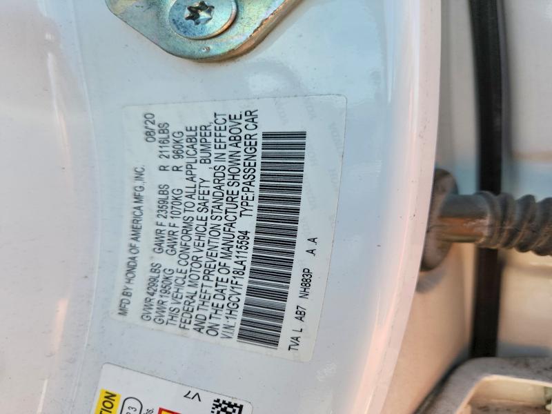 Продажа на аукционе авто 2020 Honda Accord, vin: 1HGCV1F18LA115594, номер лота: 63385256
