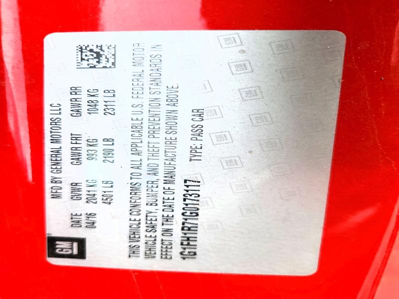 2016 Chevrolet Camaro მანქანა იყიდება აუქციონზე, vin: 1G1FH1R71G0173117, აუქციონის ნომერი: 66198386