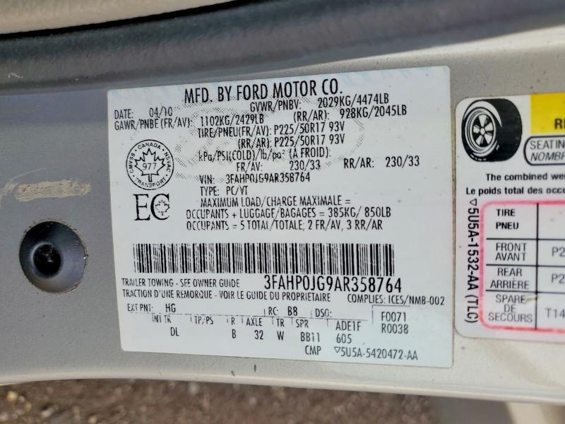 2010 Ford Fusion მანქანა იყიდება აუქციონზე, vin: 3FAHP0JG9AR358764, აუქციონის ნომერი: 65630186