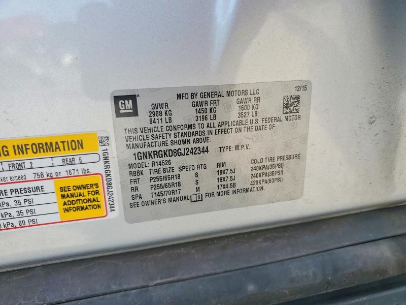 Aukcja sprzedaży 2016 Chevrolet Traverse, vin: 1GNKRGKD8GJ242344, numer aukcji: 64480616