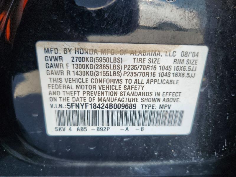 2004 Honda Pilot მანქანა იყიდება აუქციონზე, vin: 5FNYF18424B009689, აუქციონის ნომერი: 63695956