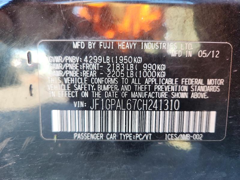 Aukcja sprzedaży 2012 Subaru Impreza, vin: JF1GPAL67CH241310, numer aukcji: 66052496