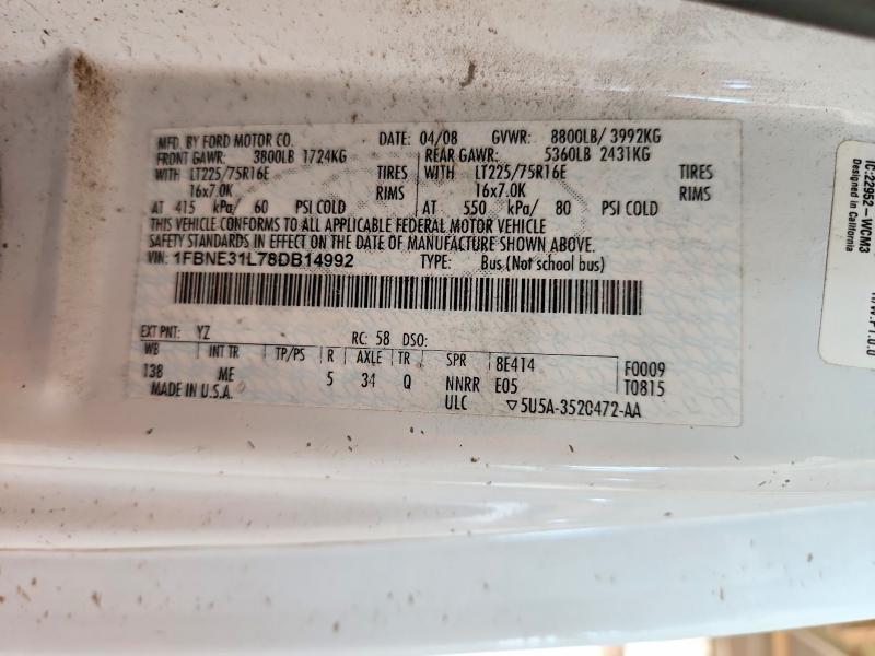 2008 Ford Econoline მანქანა იყიდება აუქციონზე, vin: 1FBNE31L78DB14992, აუქციონის ნომერი: 58478336