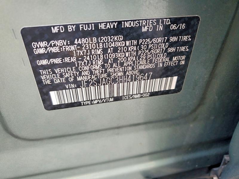 2017 Subaru Forester მანქანა იყიდება აუქციონზე, vin: JF2SJAGC3HH419647, აუქციონის ნომერი: 64788686