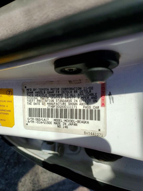 Aukcja sprzedaży 2003 Lexus Es, vin: JTHBF30G930111171, numer aukcji: 63883166