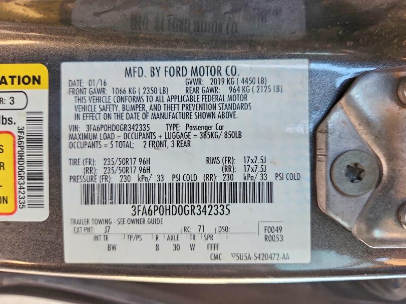 2016 Ford Fusion მანქანა იყიდება აუქციონზე, vin: 3FA6P0HD0GR342335, აუქციონის ნომერი: 65314826
