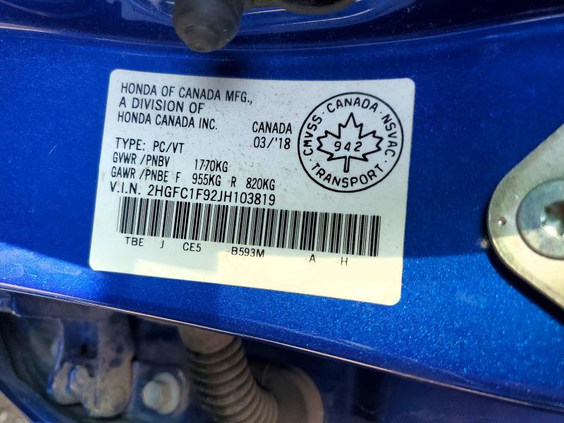 Auction sale of the 2018 Honda Civic, vin: 2HGFC1F92JH103819, lot number: 63436596