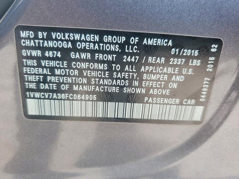 2015 Volkswagen Passat მანქანა იყიდება აუქციონზე, vin: 1VWCV7A36FC064905, აუქციონის ნომერი: 63532026
