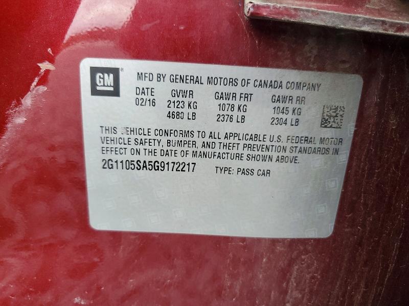 61676156 :رقم المزاد ، 2G1105SA5G9172217 vin ، 2016 Chevrolet Impala مزاد بيع