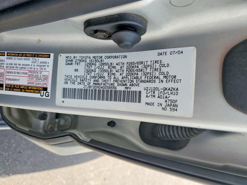 Aukcja sprzedaży 2004 Lexus Gx, vin: JTJBT20X040058556, numer aukcji: 64501686