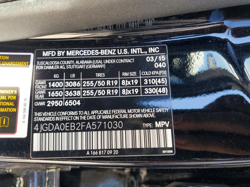 65395866 :رقم المزاد ، 4JGDA0EB2FA571030 vin ، 2015 Mercedes-benz Ml مزاد بيع