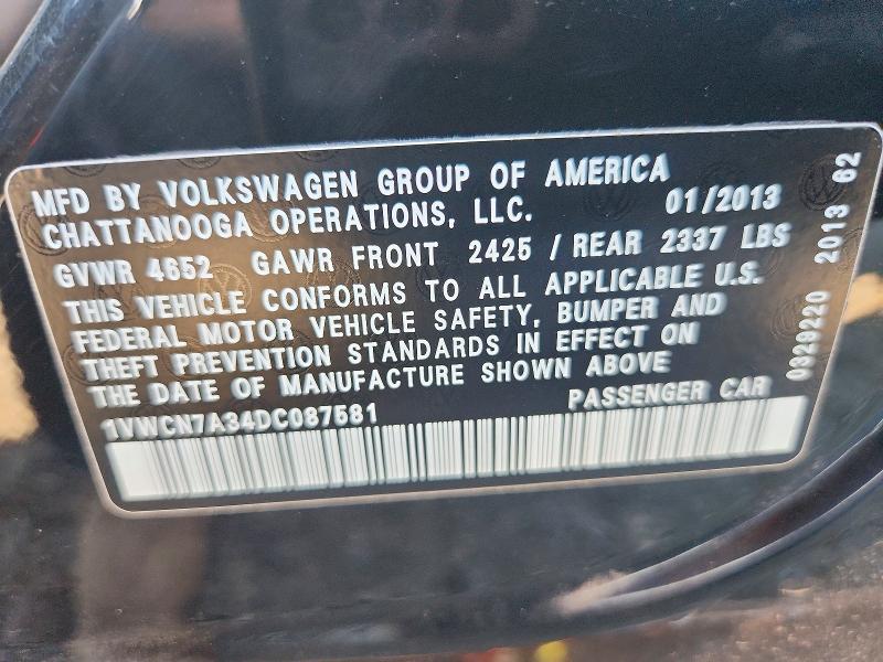 Продаж на аукціоні авто 2013 Volkswagen Passat, vin: 1VWCN7A34DC087581, номер лоту: 65399686