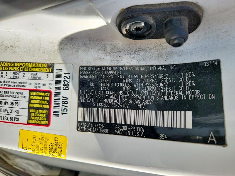 Aukcja sprzedaży 2014 Toyota Sienna, vin: 5TDKK3DC1ES474102, numer aukcji: 65959676