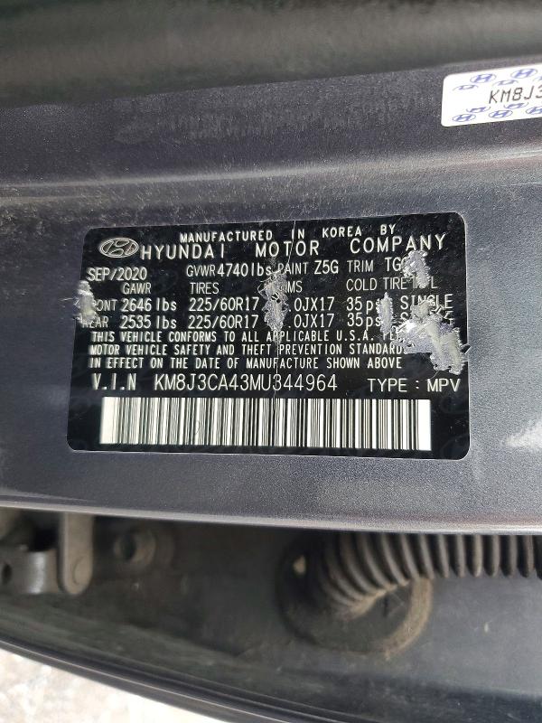 Auction sale of the 2021 Hyundai Tucson, vin: KM8J3CA43MU344964, lot number: 66985036