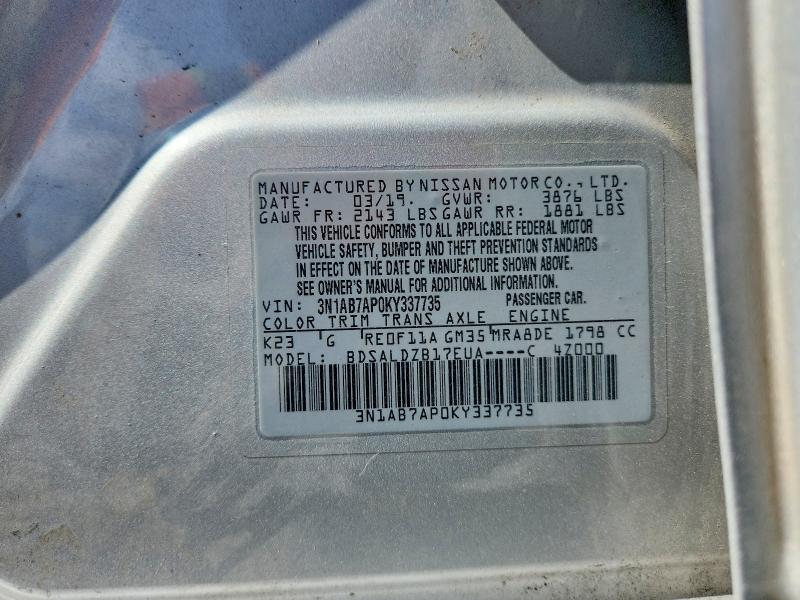 2019 Nissan Sentra მანქანა იყიდება აუქციონზე, vin: 3N1AB7AP0KY337735, აუქციონის ნომერი: 65149266