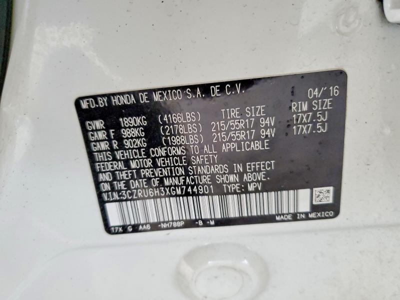 Aukcja sprzedaży 2016 Honda Hr-v, vin: 3CZRU6H3XGM744901, numer aukcji: 64467126