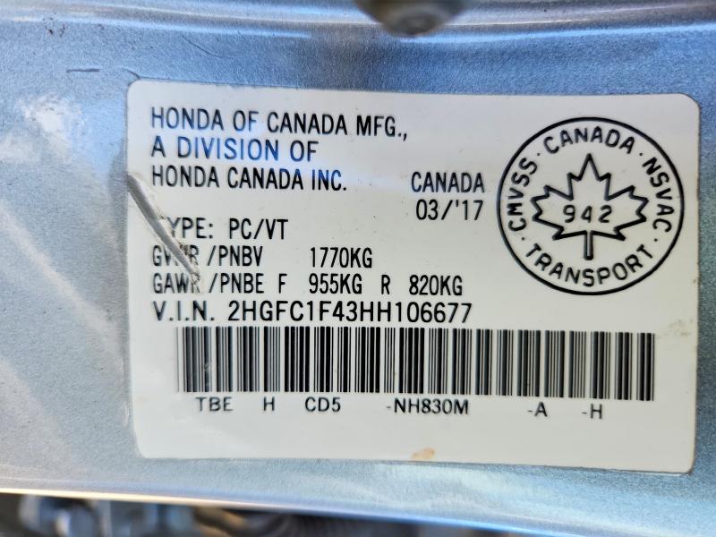 63220286 :رقم المزاد ، 2HGFC1F43HH106677 vin ، 2017 Honda Civic مزاد بيع