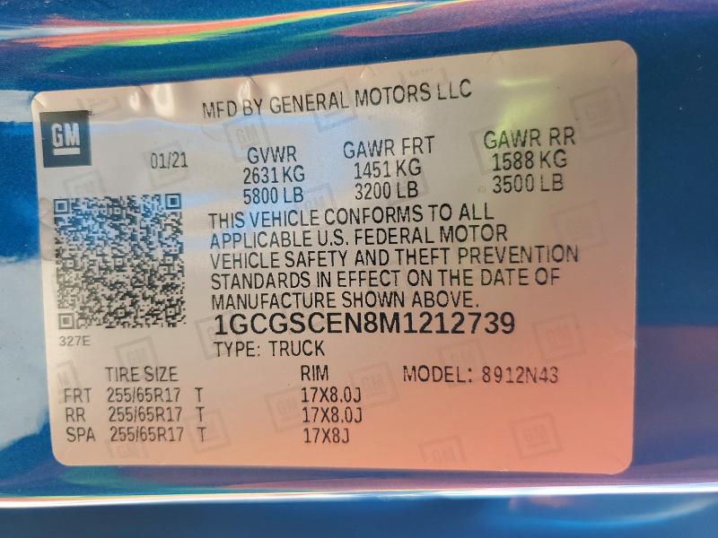 2021 Chevrolet Colorado მანქანა იყიდება აუქციონზე, vin: 1GCGSCEN8M1212739, აუქციონის ნომერი: 65376556