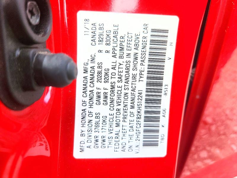 Aukcja sprzedaży 2019 Honda Civic, vin: 2HGFC2F82KH512241, numer aukcji: 63832606