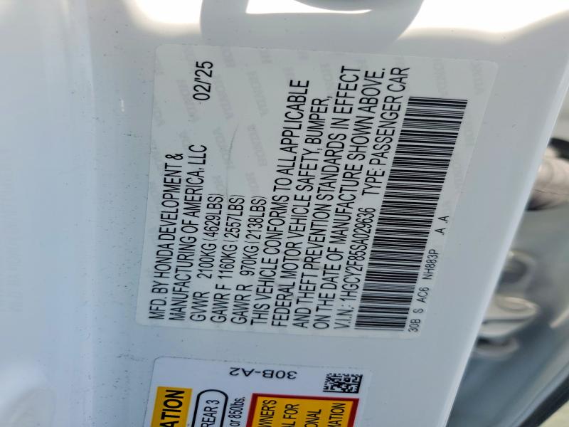 2025 Honda Accord მანქანა იყიდება აუქციონზე, vin: 1HGCY2F85SA029636, აუქციონის ნომერი: 66005796
