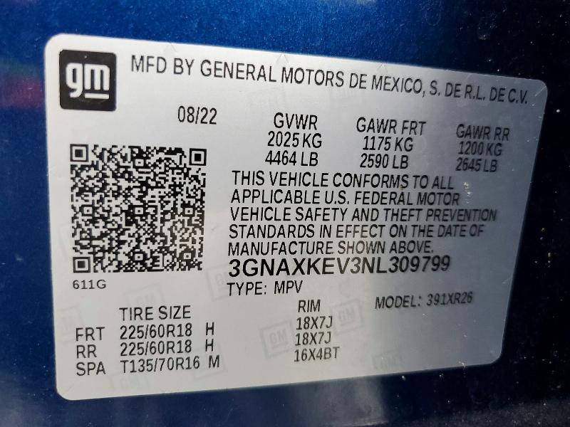 Aukcja sprzedaży 2022 Chevrolet Equinox, vin: 3GNAXKEV3NL309799, numer aukcji: 66381026