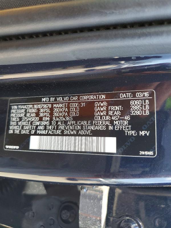 Aukcja sprzedaży 2016 Volvo Xc90, vin: YV4A22PL9G1079678, numer aukcji: 63952536
