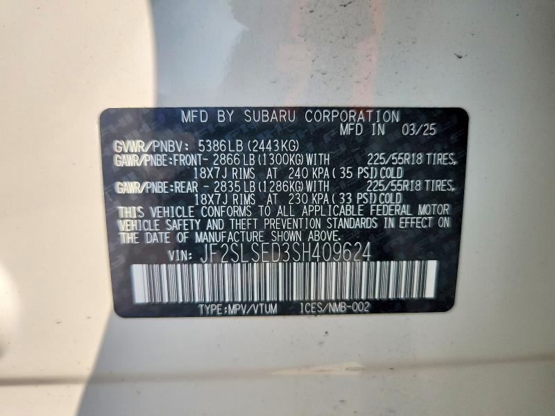 63472076 :رقم المزاد ، JF2SLSED3SH409624 vin ، 2025 Subaru Forester مزاد بيع