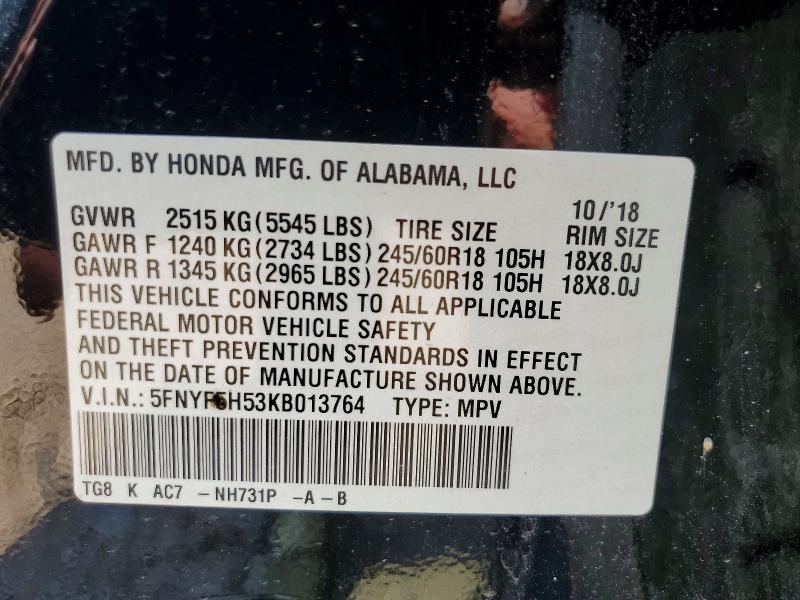 Aukcja sprzedaży 2019 Honda Pilot, vin: 5FNYF5H53KB013764, numer aukcji: 64595866