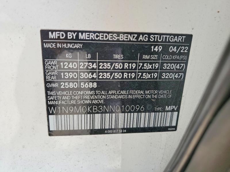 Aukcja sprzedaży 2022 Mercedes-benz Eqb, vin: W1N9M0KB3NN010096, numer aukcji: 63787336