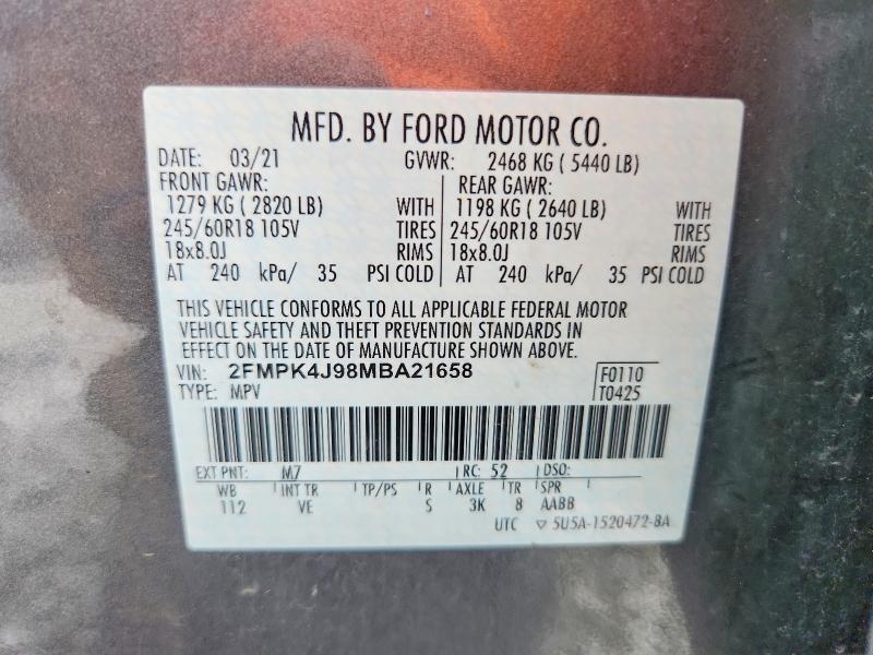 66527736 :رقم المزاد ، 2FMPK4J98MBA21658 vin ، 2021 Ford Edge مزاد بيع