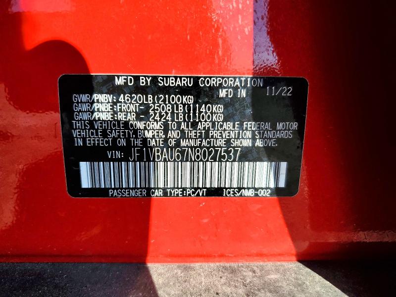 Aukcja sprzedaży 2022 Subaru Wrx, vin: JF1VBAU67N8027537, numer aukcji: 66122546