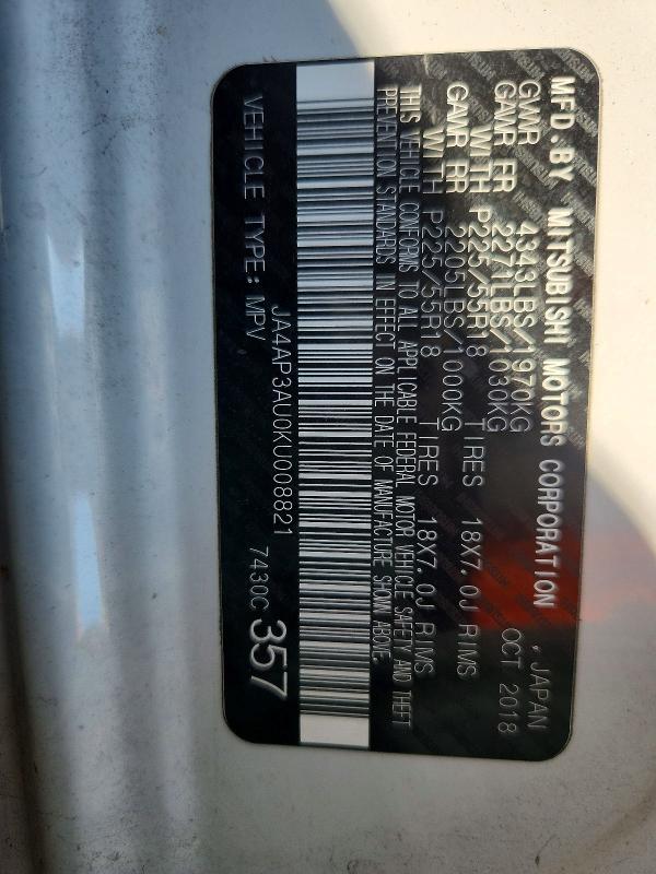 66810876 :رقم المزاد ، JA4AP3AU0KU008821 vin ، 2019 Mitsubishi Outlander Sport مزاد بيع