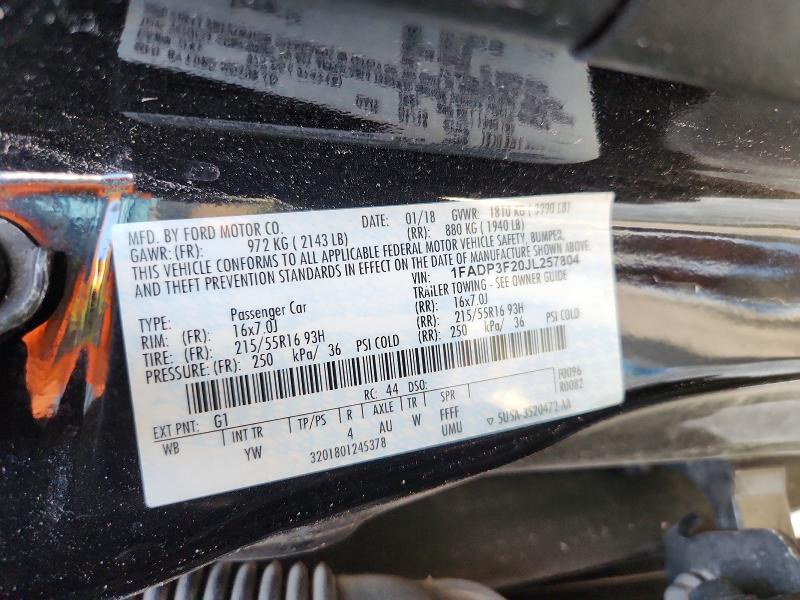 59542776 :رقم المزاد ، 1FADP3F20JL257804 vin ، 2018 Ford Focus مزاد بيع