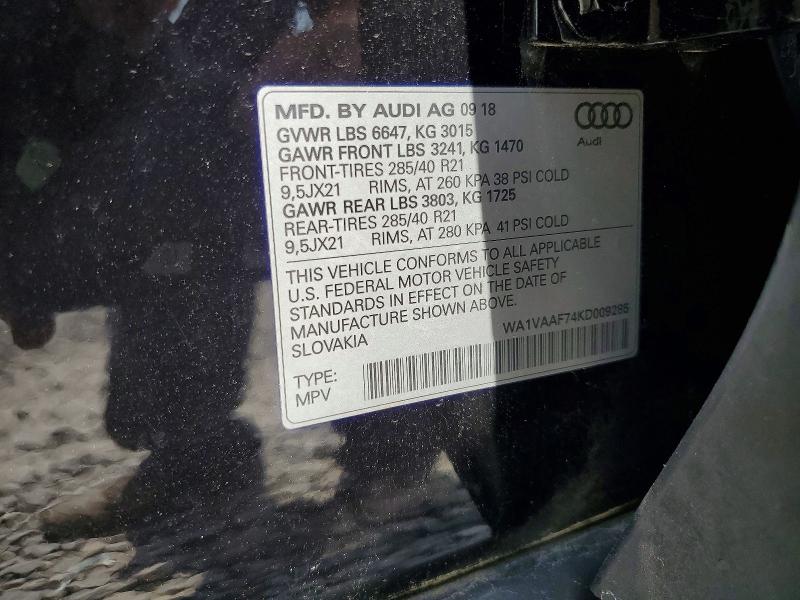 Aukcja sprzedaży 2019 Audi Q7, vin: WA1VAAF74KD009285, numer aukcji: 65503046