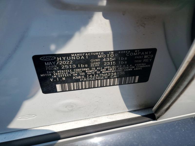 2022 Hyundai Sonata მანქანა იყიდება აუქციონზე, vin: KMHL14JA7NA234836, აუქციონის ნომერი: 63911456