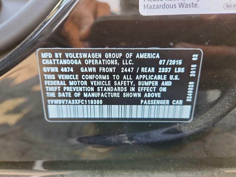 Aukcja sprzedaży 2015 Volkswagen Passat, vin: 1VWBV7A3XFC118380, numer aukcji: 62324666