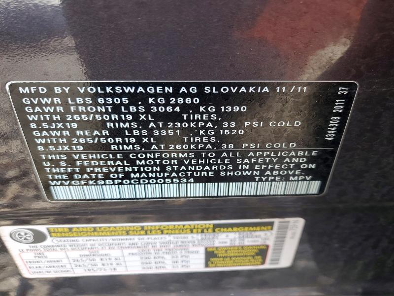 Aukcja sprzedaży 2012 Volkswagen Touareg, vin: WVGFK9BP0CD005534, numer aukcji: 64474696