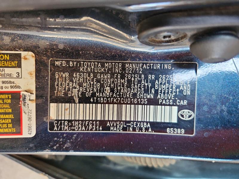 Aukcja sprzedaży 2012 Toyota Camry Hybrid, vin: 4T1BD1FK7CU016135, numer aukcji: 65240316