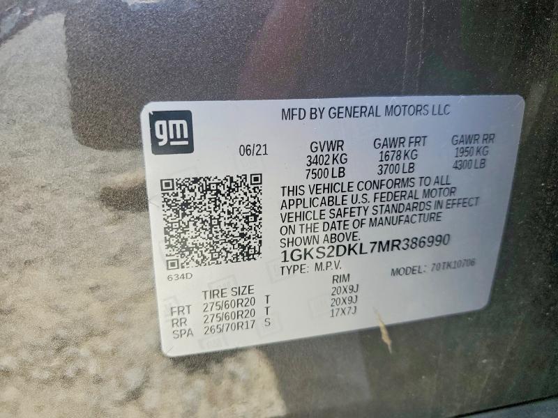 Aukcja sprzedaży 2021 Gmc Yukon, vin: 1GKS2DKL7MR386990, numer aukcji: 65555916
