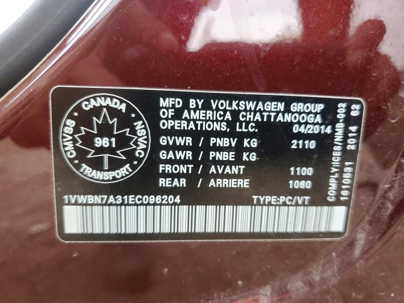 65831786 :رقم المزاد ، 1VWBN7A31EC096204 vin ، 2014 Volkswagen Passat مزاد بيع