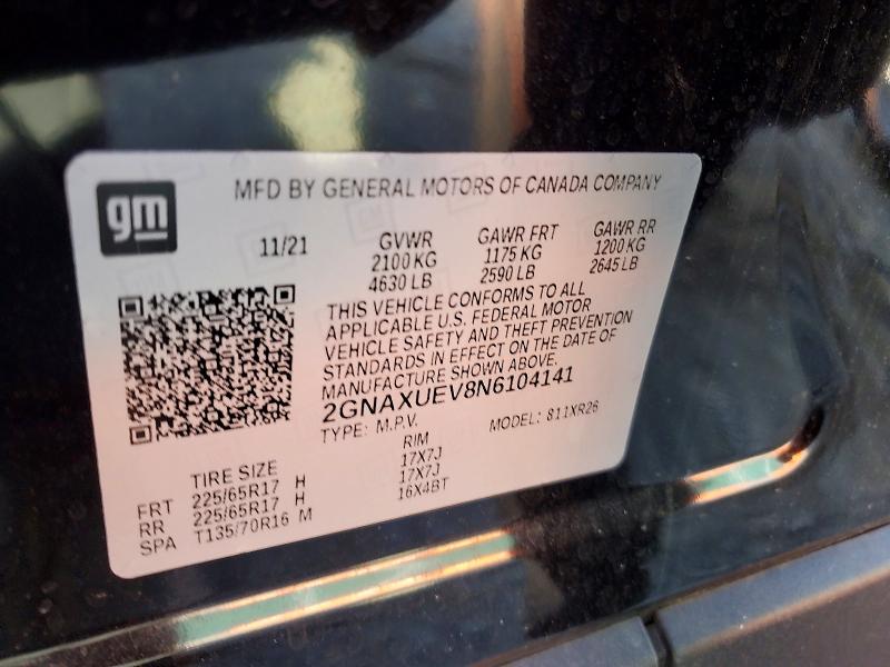 Aukcja sprzedaży 2022 Chevrolet Equinox, vin: 2GNAXUEV8N6104141, numer aukcji: 66551346