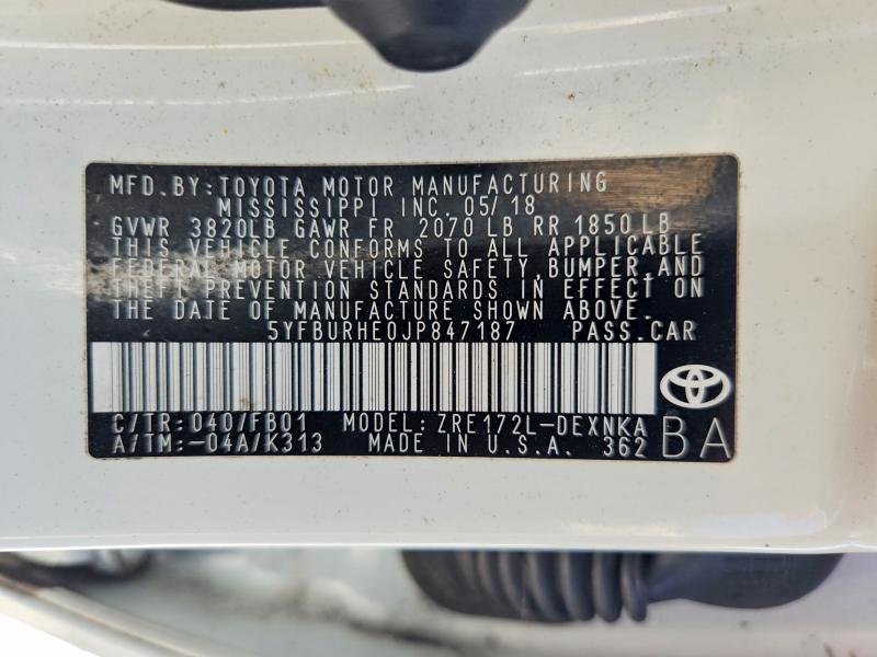 Aukcja sprzedaży 2018 Toyota Corolla, vin: 5YFBURHE0JP847187, numer aukcji: 65750296