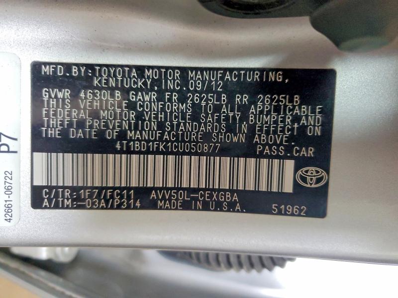 66941966 :رقم المزاد ، 4T1BD1FK1CU050877 vin ، 2012 Toyota Camry Hybrid مزاد بيع