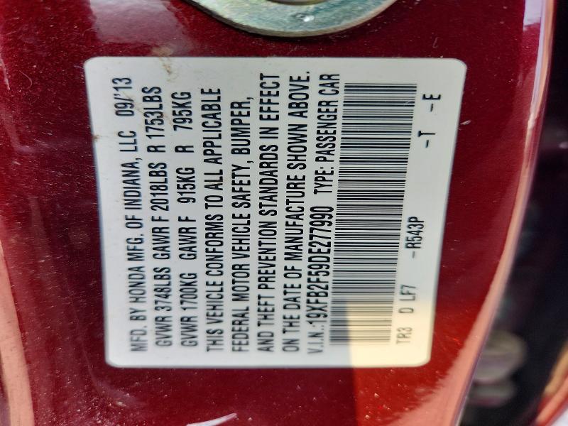 Продаж на аукціоні авто 2013 Honda Civic, vin: 19XFB2F59DE277990, номер лоту: 64660816