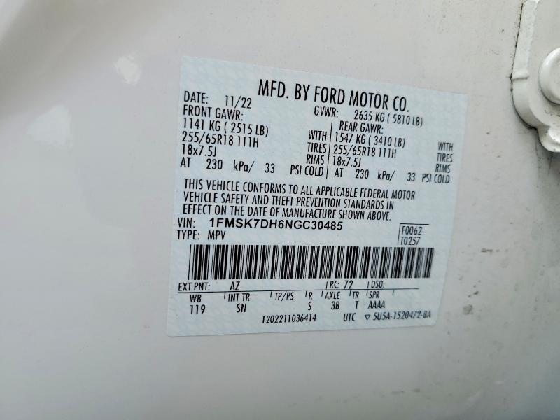 Aukcja sprzedaży 2022 Ford Explorer, vin: 1FMSK7DH6NGC30485, numer aukcji: 66989276